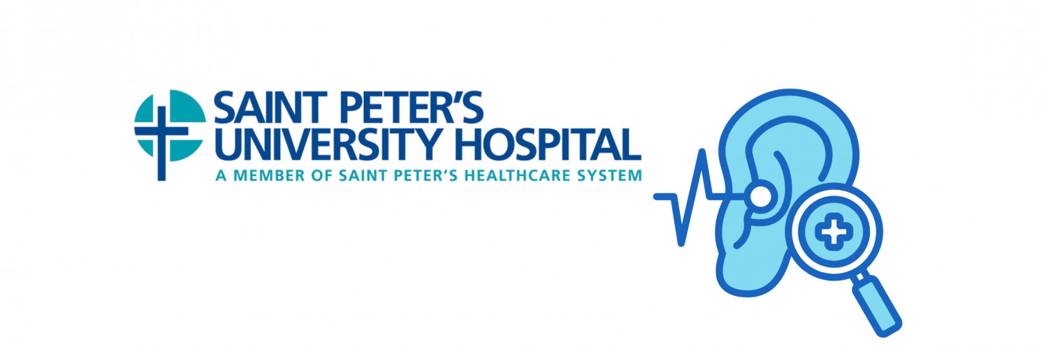 Saint Peter's University Hospital logo on left, with a hearing check icon on the right.