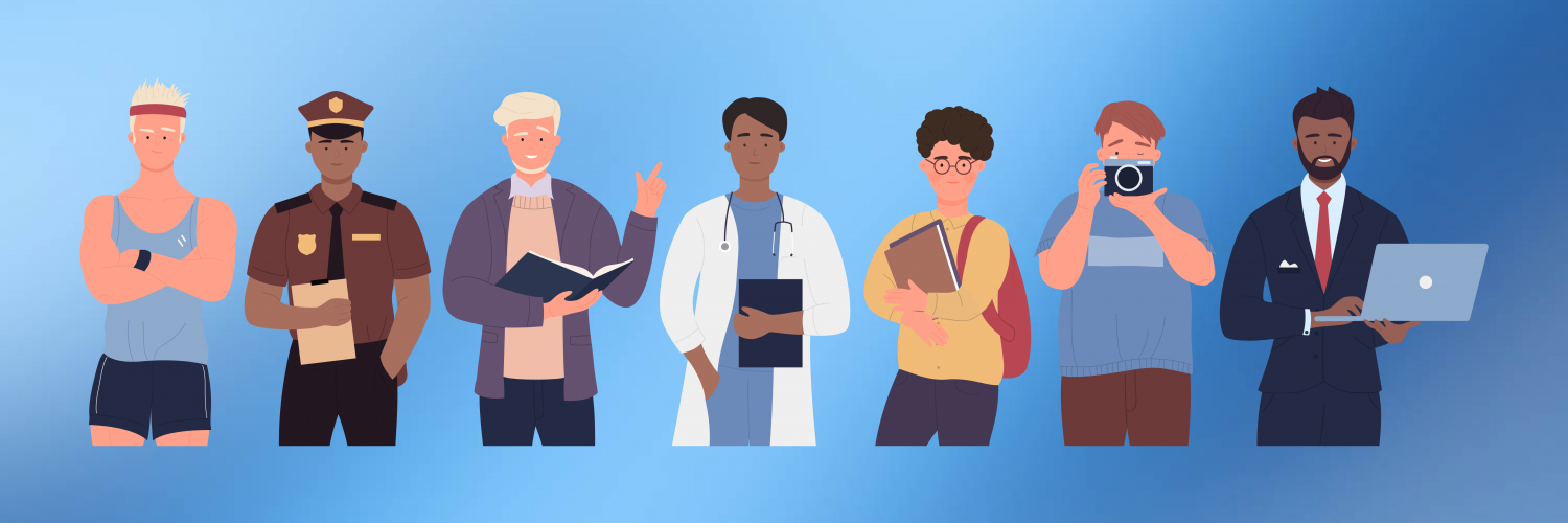 Men of different occupations with a blue ombre background.