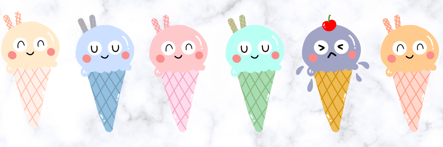 Illustration of all kinds of ice cream scoops with fun faces and toppings on cones in many colors.