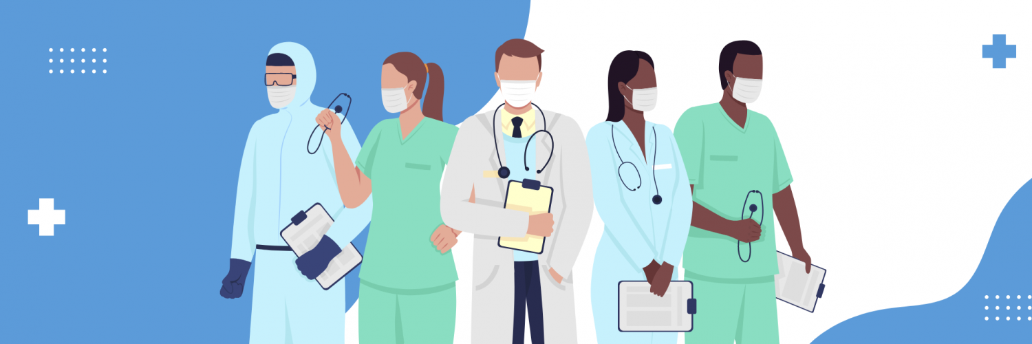 Health Professionals on a blue and white background.