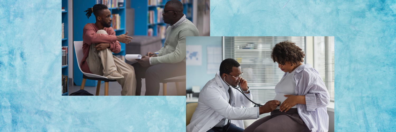 Images of Black healthcare practitioners with their patients during medical visits.