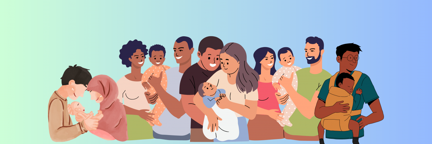 Maternal & Paternal Health Table, green to blue ombre background and different people holding a baby.