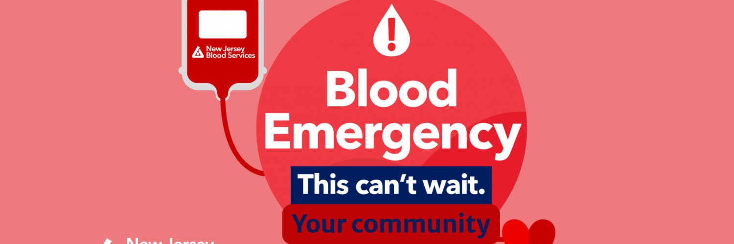background vector art of floating blood bag connecting to a heart; the NJBS logo on the side; and a red circle with text reading "Blood Emergency. This can’t wait. Your community needs you.”