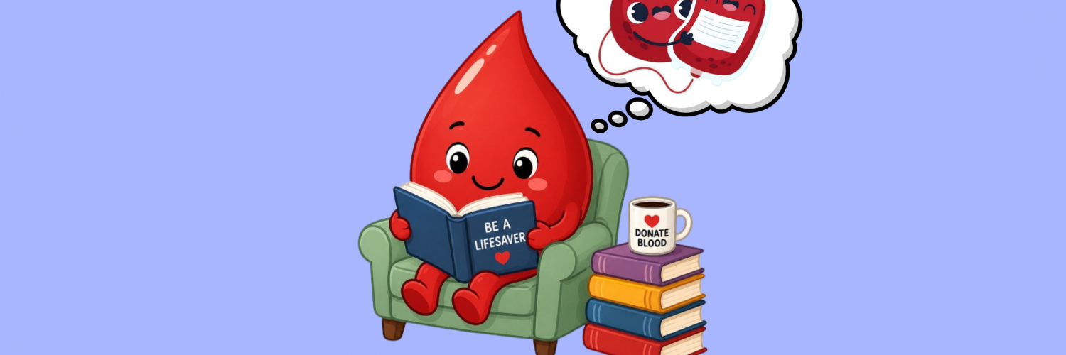 Illustration of an anthropomorphic blood drop sitting on an armchair next to a pile of books with a coffee mug with a heart and “Donate Blood” on it, reading the book, “Be A Lifesaver,” and picturing themself giving a blood bag. Below the illustration is the logo for New Jersey Blood Services.