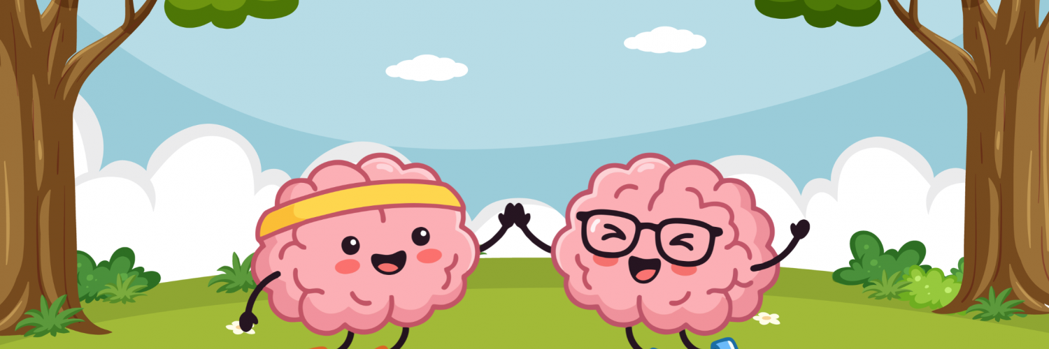 Illustration of two happy anthropomorphic brains outside, having fun, giving each other a high five.