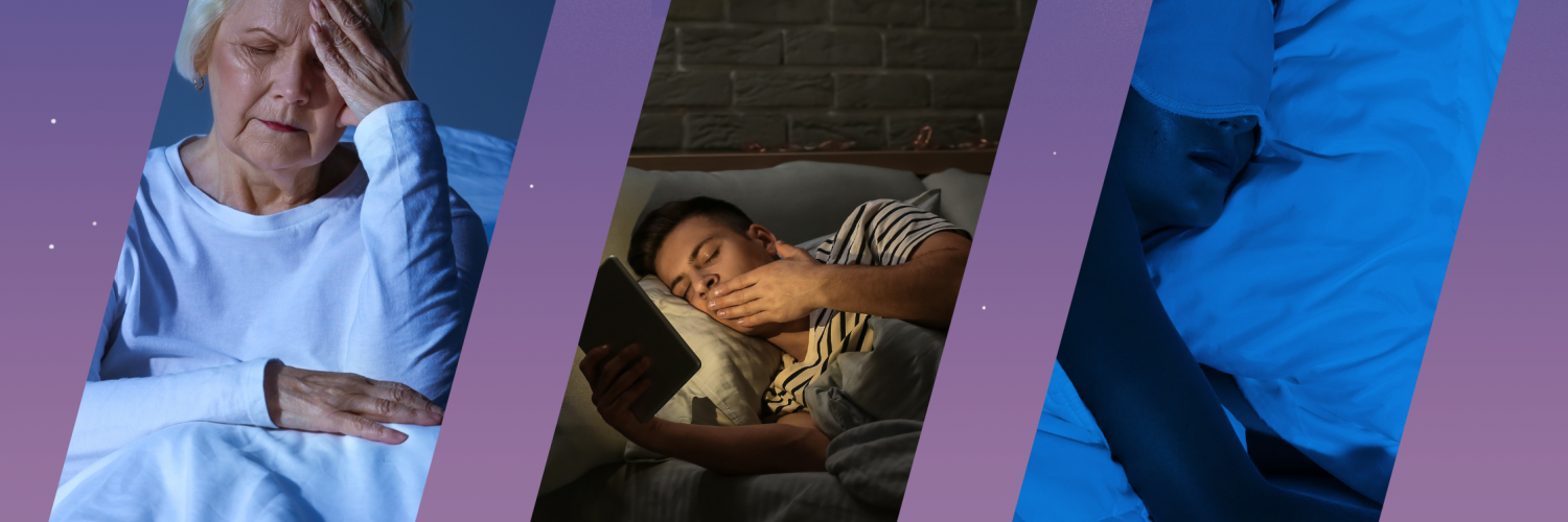On the left, an image of an older woman being sleep deprived; in the middle, an image of a young man doom scrolling before bedtime; on the right, an image of a woman wearing a sleep mask to bed.