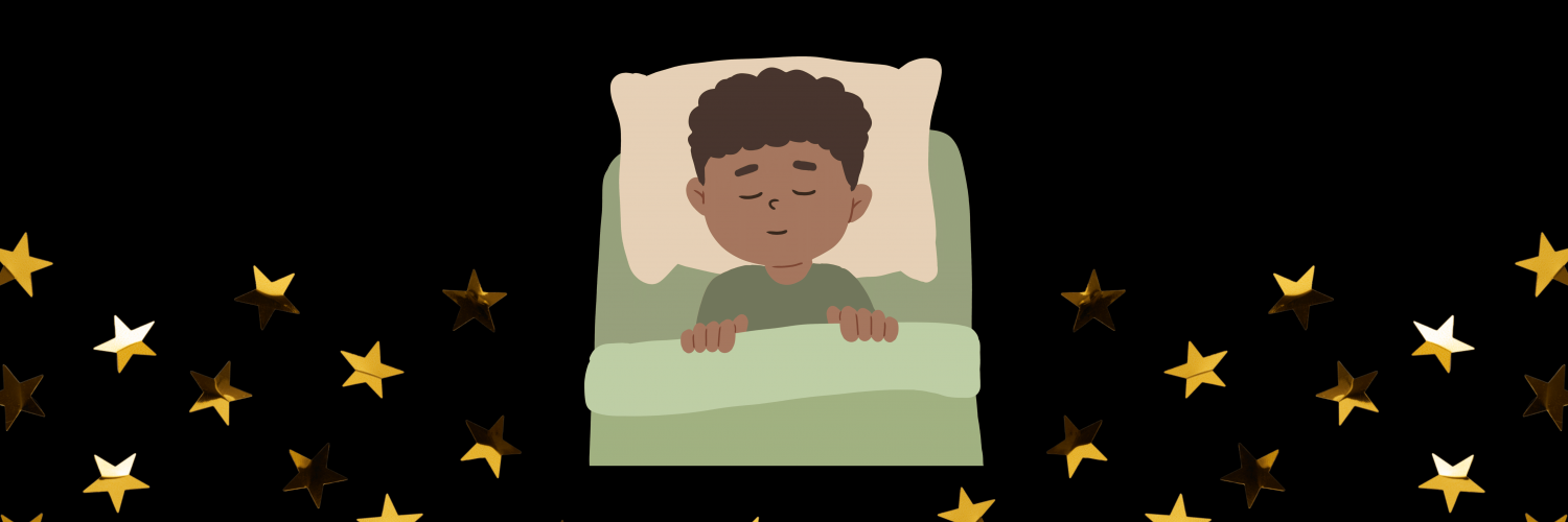 Person sleeping in a green bed with a black background that has golden stars.